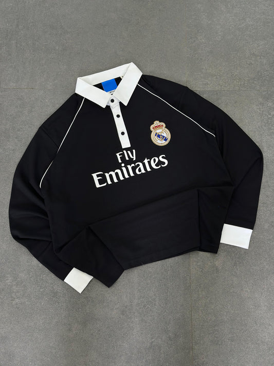 Real madrid imported Black full sleeve collar button Embroidery T-shirt S 05 - Ms retro store