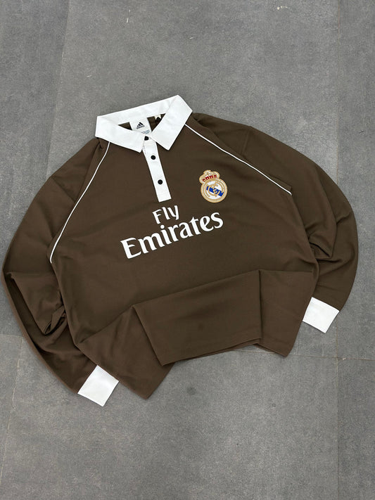Real madrid imported Brown full sleeve collar button Embroidery T-shirt S 05 - Ms retro store