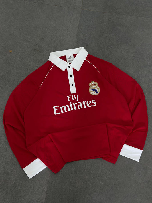 Real madrid imported Red full sleeve collar button Embroidery T-shirt S 05 - Ms retro store