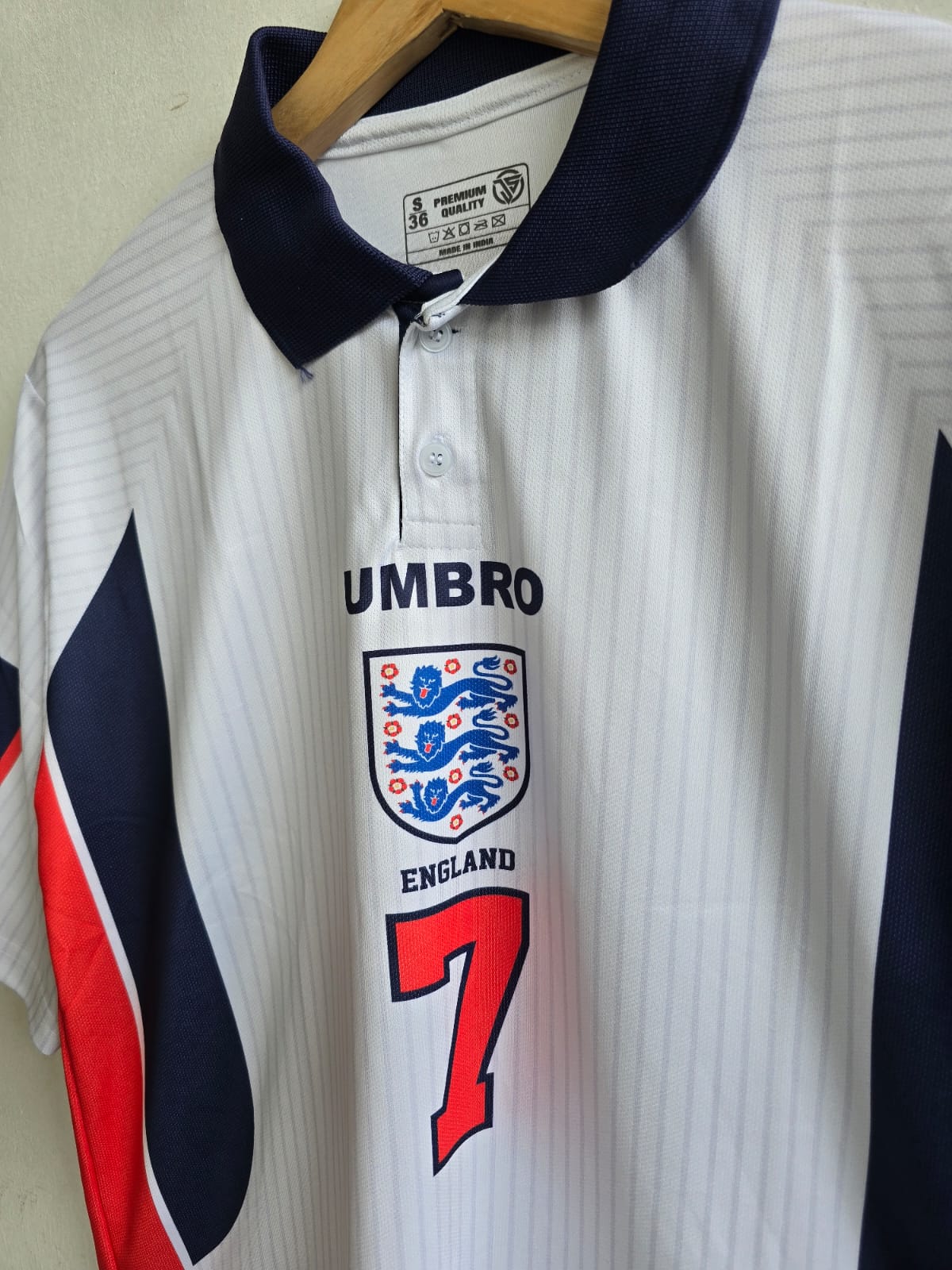 England 1998 Home kit polo Beckham Five sleeve - P486 -Ms Retro Store